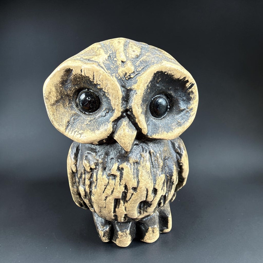 Vintage Style Rustic Ceramic Owl Figurine Textured Brown Tan 3 Inch Bird Statue